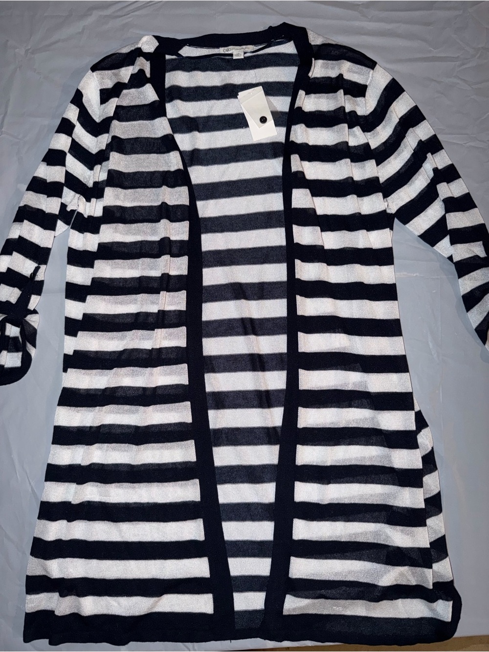 Cato Black and White Striped Open-Front Cardigan